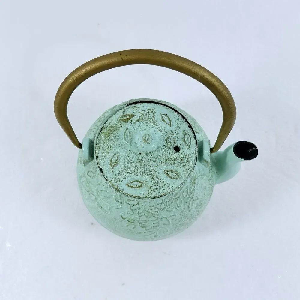 Vintage Japanese Cast Iron Teapot Green Embossed Leaf Design W/ Lid & Handle